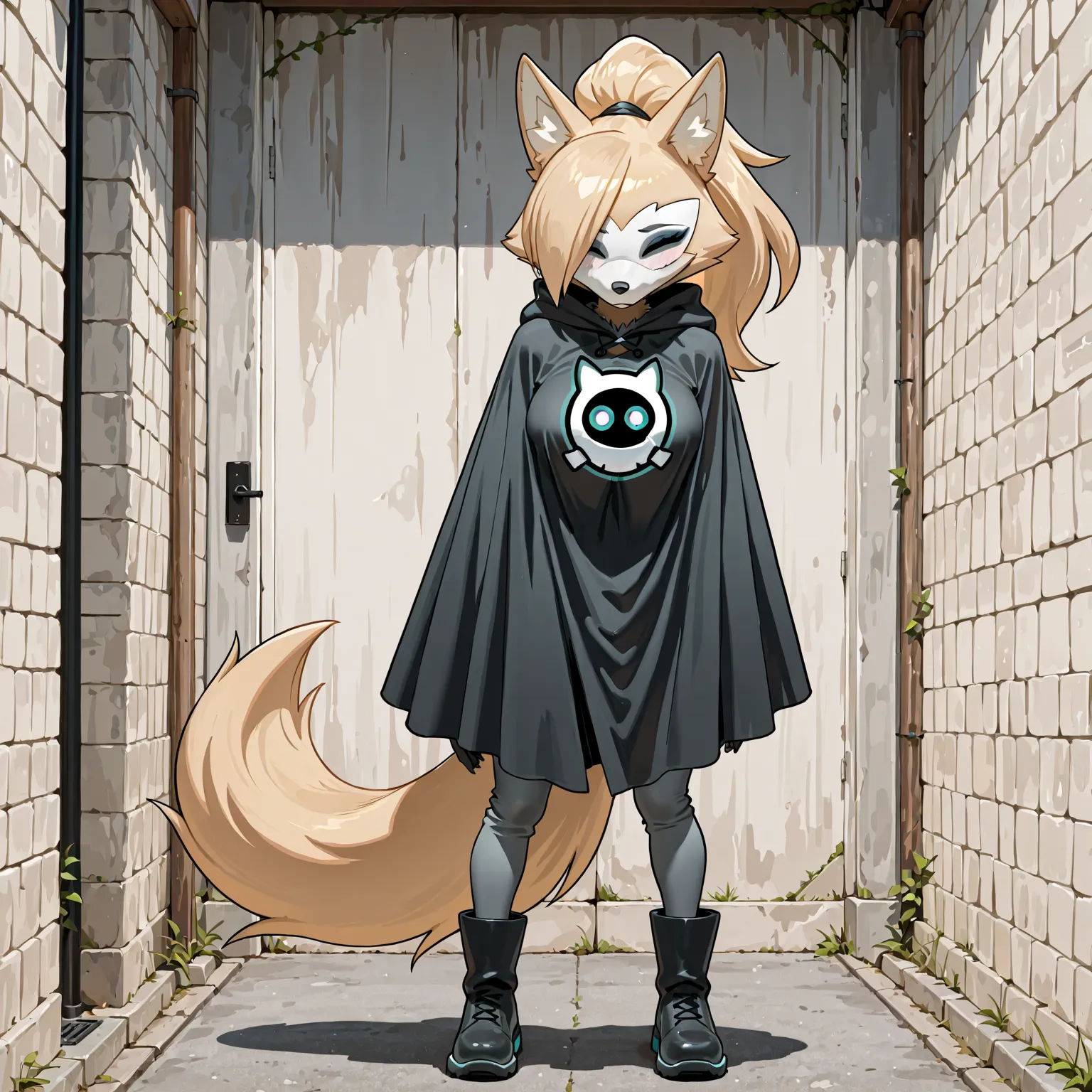 masterpiece, best quality, amazing quality, high resolution, absurdres, newest, anthro,      Whisper the wolf, standing, eyes closed, wearing black poncho, grey pants,  black boots, 