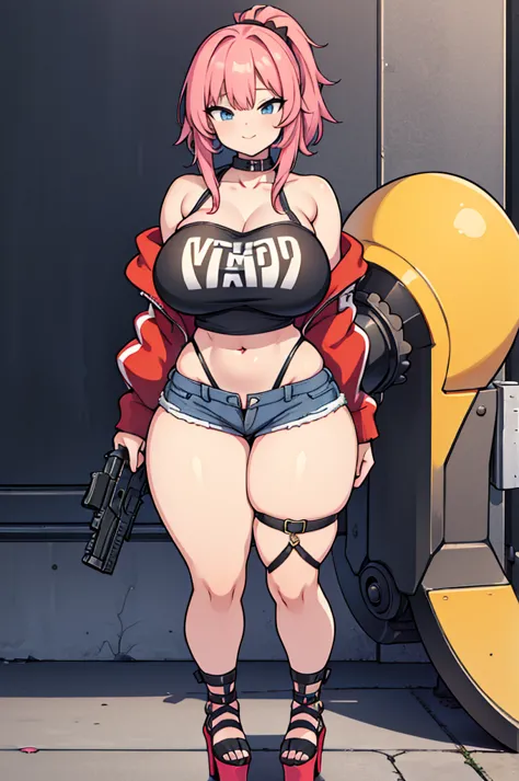 Young woman, bandeau top, standing, fullbody, front pose, pigtail hair , ((high platform heels)), front pose, looking foward, sleveless, shoulderless, gang girl, street girl, holding gun, hoodie ,platform heels, ((very short shorts)), CAP, gang, (( very wi...