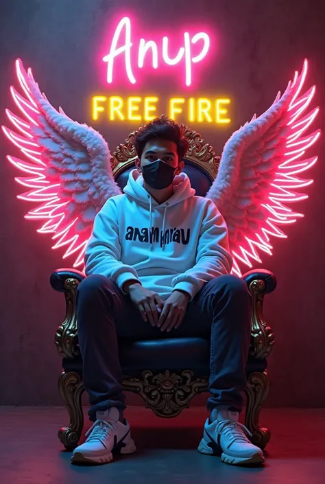 A 20-year-old sits majestically on a throne, exuding regal confidence. Adorning his back are magnificent neon wings, casting a vibrant glow against the dimly lit background. Above the wings, on the wall, the name “Anup” gleams in neon hues, while below it,...