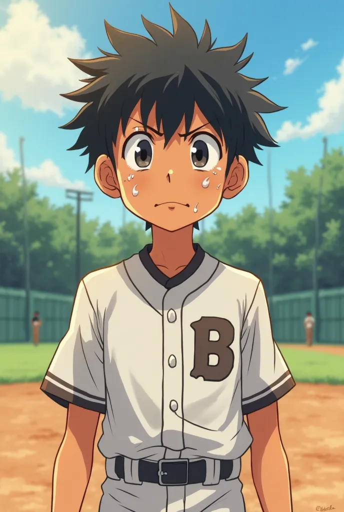 "An anime-style illustration of a schoolboy with tan skin and short black hair, wearing a baseball sports uniform. He is practicing baseball on the school field, with sweat dripping down his face and a determined, mature expression. His body posture shows ...