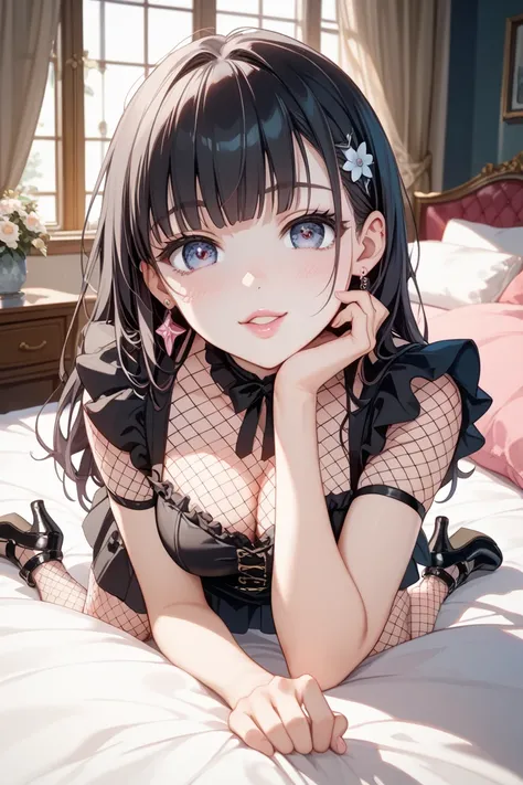 long black hair with gradation of pink tips、Big Eyes and Dark Makeup、Light pink lips、 white skin、Three Sizes 86-60-88、D cup bust、Black ruffle mini dress、 fishnet tights、 platform boots、Lots of Silver Earrings、Younger Landmine Girl、18 years old、Yandere with...