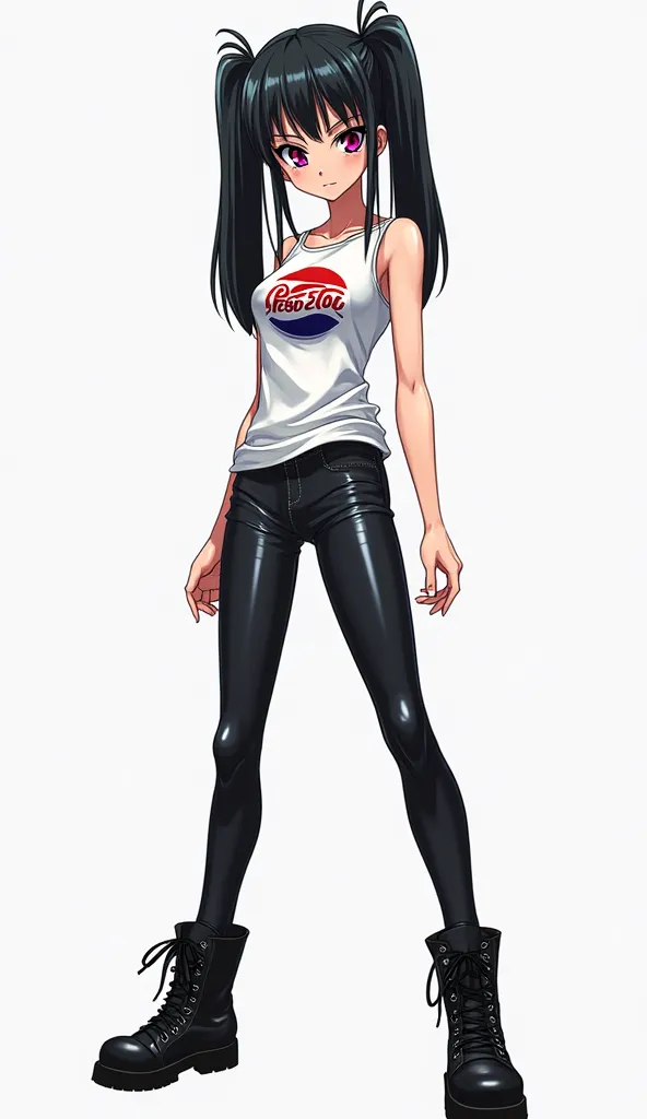 Japanese anime adolescent woman with long straight black hair with two pigtails and short locks and intense magenta eyes and wears a sleeveless top with the retro logo of "Pepsi-Cola" blank, tight pants in shiny synthetic leather and shiny combat style bla...