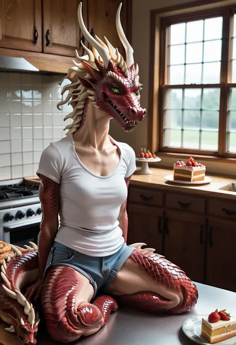 best quality, 1guy, 8k, masterpiece, UHD, full body view, (photorealistic, award-winning photography, real life:1.6), (partially human man in the process of morphing into an anthro female cake fondant eastern long dragon 3D relaistic cake sculp[ture hybrid...