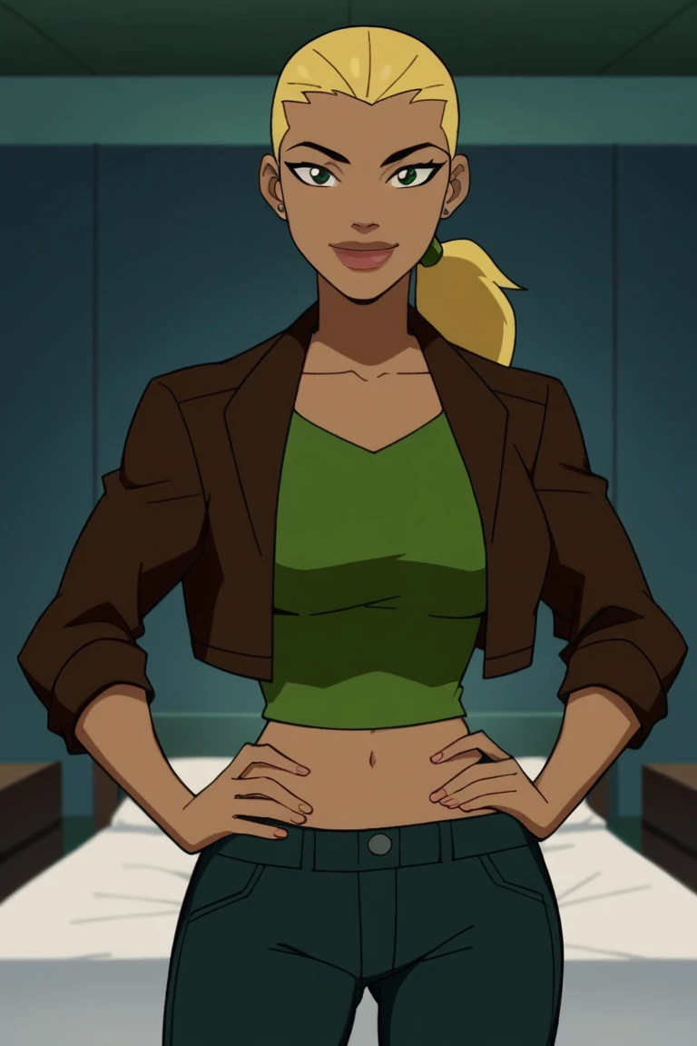 score_9, score_8_up, score_7_up, source_cartoon,artemis, blonde hair, ponytail, big lips, dark skin, large breasts, jade green crop top, jade green jeans, jade green leather jacket, BREAK standing, smile, closed mouth, confident expression, looking at view...