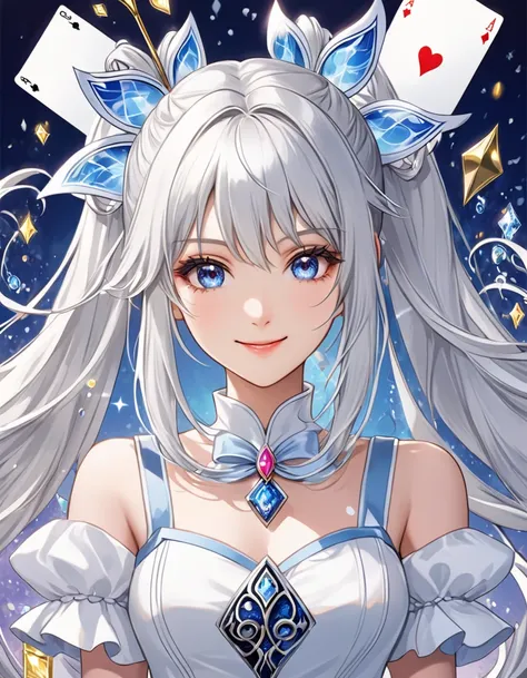  drawn on a large playing card with background、Silver long hair holding  in hand、  beautiful twin tail girl、smile、has playing card spades、Silver spade pattern costume、 woman in white dress , beautiful fantasy anime, change, splash art anime change,   beaut...