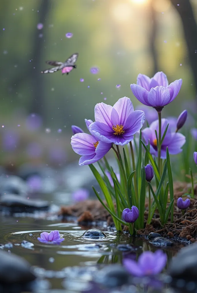 The first Su Çərşənbəsi heralding the arrival of Nowruz. You can use violets, a water droplet, semeni, or flowing water. The image can include the essence of spring, awakening nature, and other elements. The main symbols of this celebration are flowing wat...