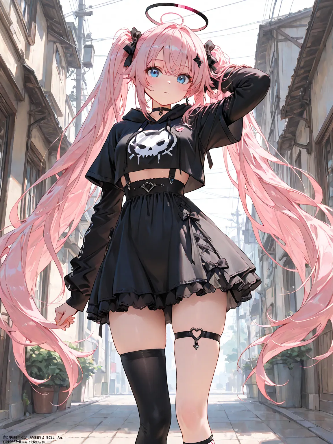 (masterpiece, best quality, ultra-detailed character, high resolution, 8k), 1girl, pink hair, very long hair, twintails, blue eyes, black bow, hair ornament, dress, long sleeves, cropped hoodie, short sleeves, short over long sleeves, single thighhigh, sin...