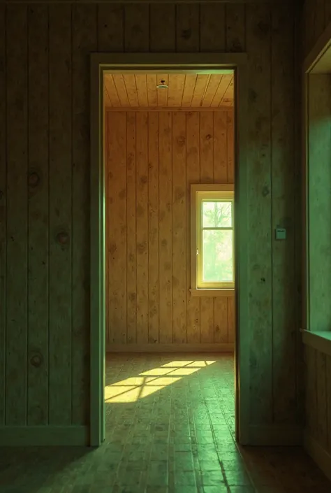 Vertical photo that is a room with warm greenish wooden light 