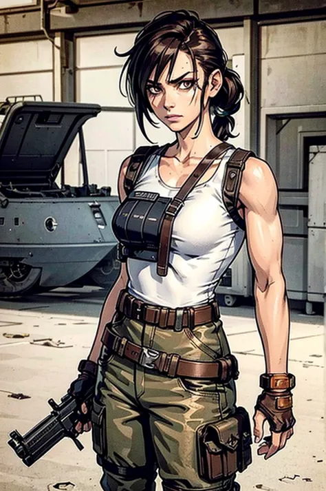 a military woman, well trained body, white sleeveless t-shirt, Exposed collarbone, beige leather shelter, blue pants, two leather belts with gun pockets, dark brown hair, carving, Brown eyes, hazel left eye, left eye with a scar, beach shore, at daytime, g...