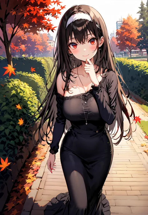  score_9,  score_8_up,  score_7_up,  source_anime, Uta ha Kasumigaoka,   black hair,  white headband ,  long hair, red eyes, Big Breasts,smile,blush,close your mouth,white one-shoulder sweater,Black long skirt, Bbo~,autumn leaves,autumn,Trail,Walking,noon,...