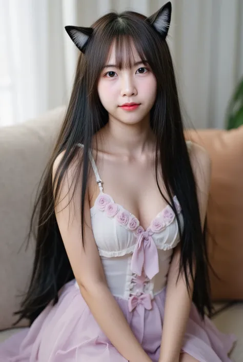 Create a beautiful 17-year-old high school girl, cute junior loli girls, black long hair, two-tone haircut, silver highlights hair, forehead long hair, perfect face, perfect body, perfect breasts, perfect face, perfect eyes, cat ears, wing, pinkish-white s...