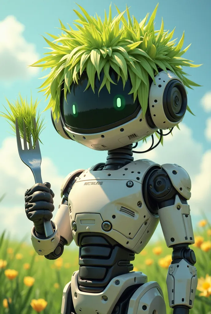 a close up of a robot holding a fork and a plant, a stock photo of Giorgio Cavallon , pixabay,  digital art,   abcdefghijklmnopwrstuvwxyz ,  anime robot mixed with an organic anime character ,  Food commercial 4k ,  profile picture, Dream concept, Photo, l...