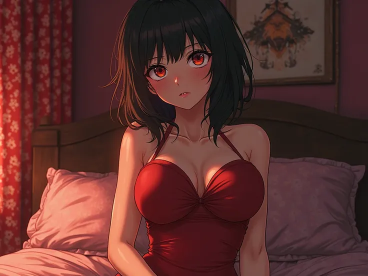 1 girl,  shoulder-length hair in the image,  red eyes, black hair, bedroom, big breasts,  big butt,  anime style, red dress、strong