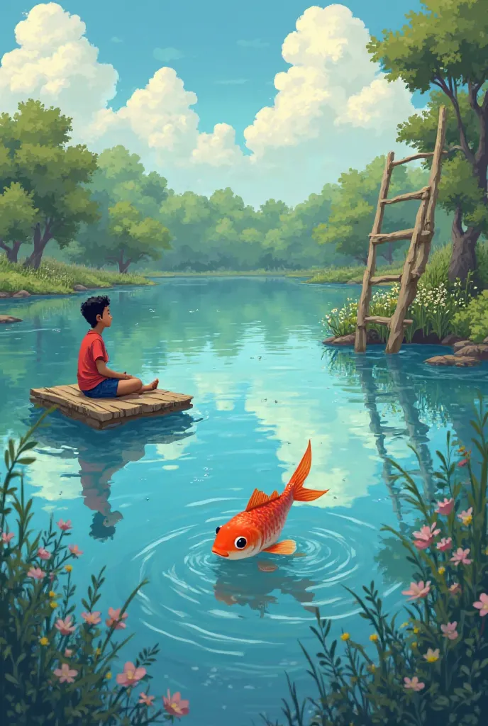 I will create cartoon characters that look like people. There is a ladder floating in the water next to a large pond, and a  is sitting on the ladder.Poems are being recited and a fish is standing in the water, looking at them and listening to them.Now the...