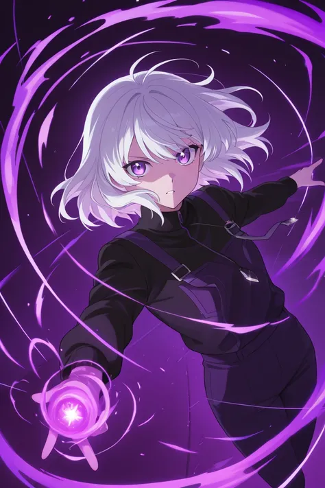 Anime style, white 20 year old guy with white hair, purple lines down his purple eyes, black and purple clothing, and for last, purple energy surrounding him, a dude not a chick