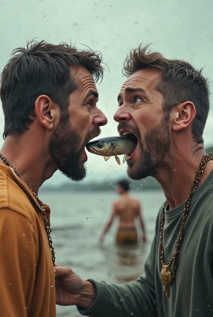 One man gets a fish put in his mouth by the other