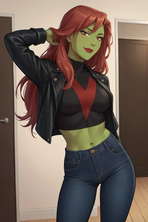 PonyXLV6_Scores BREAK (perfect anatomy, perfect eyes), BREAK mgann morzz, long hair, red hair, colored skin, green skin, freckles, brown eyes, makeup, red lipstick, ((looking at viewer)), superhero, black crop top, black jeans, black leather jacket, curvy,...