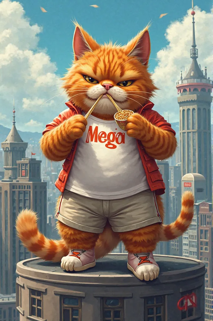 Big orange cat gemoy wears t-shirt emblazoned with Mega's name white sneaker shorts sitting on top of building eating chicken noodles 