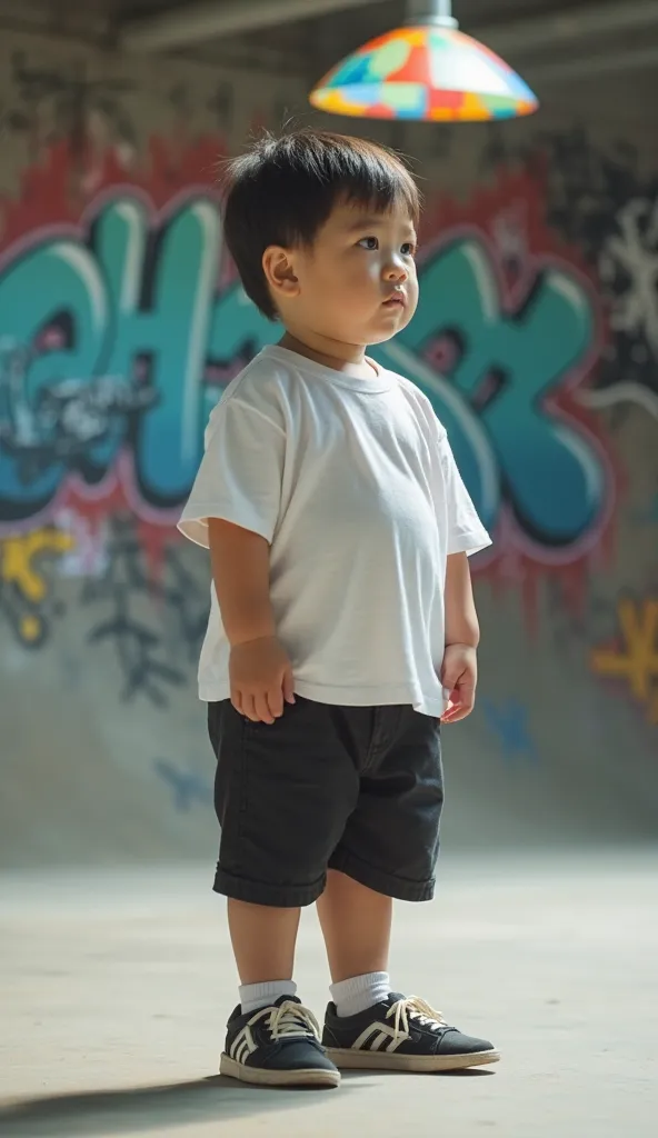 Japanese obese chubby elementary school student,  boy in an upright position ,  full body, wearing a white T-shirt and black shorts. The baby is standing on the smooth concrete floor in the skate park, The background has a colorful lamp and a wall full of ...