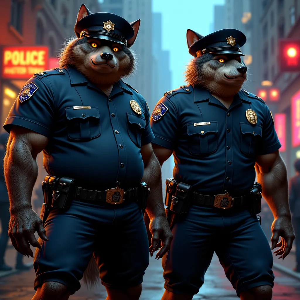 Two fat werewolves police officers in uniforms, Fat guys with huge butts, tight pants, large backs , and very fat