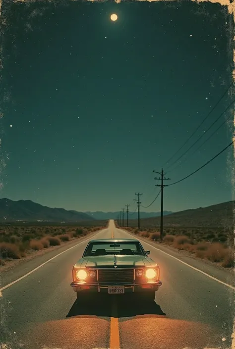 Music album cover with a vintage retro style from the 70's. A desert road in the United States at night, with a classic car from the 60's or 70's stopped in the middle of the road, with its front lights on. The image should look like an old analog photogra...