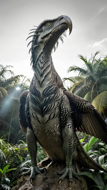 "A National Geographic-style photograph of a colossal bird-reptile hybrid standing majestically in an alien jungle. Its metallic feathers glisten under the sunlight, and its serrated beak is slightly open, revealing sharp teeth. The creature’s wings stretc...