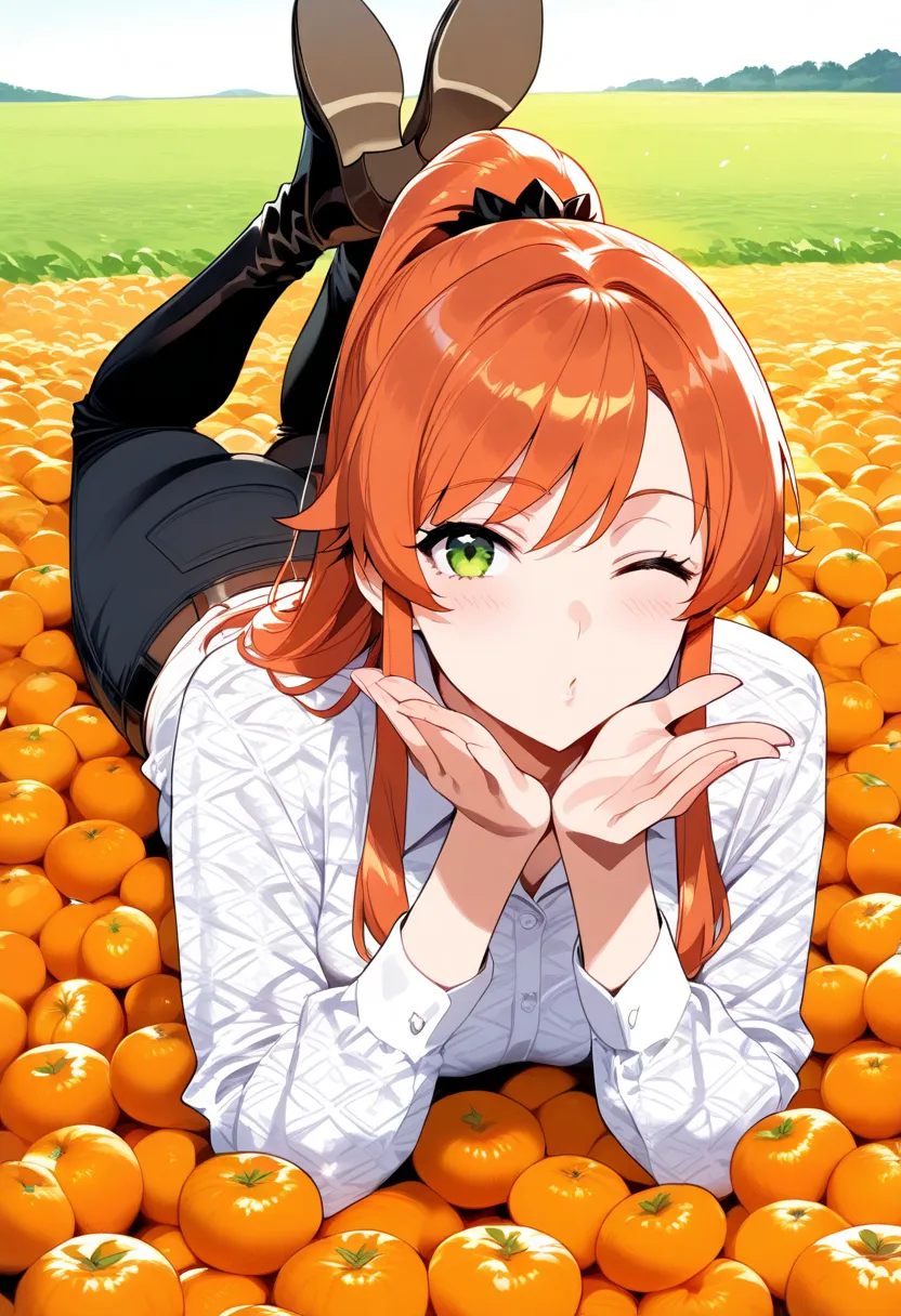 1girl,solo, blowing kiss, cute,one eye closed, high boots, on stomach, outdoor, lying, looking at viewer, orange fruit, high ponytail, long hair, pattern strip clothes, orange hair, side locks, black pants, breast, long sleeves, feet up, fabric material cl...