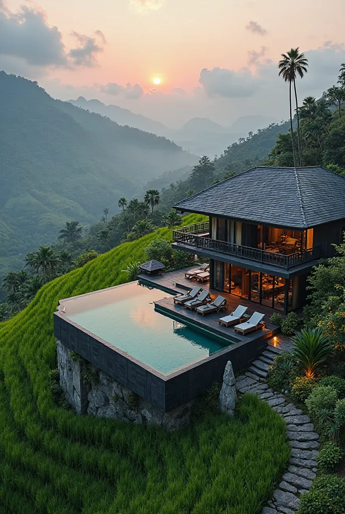 High-angle, full shot of a luxurious, dark-toned house with a large swimming pool, situated in a lush, green rice paddy landscape. 


The house, with a traditional Asian design, features a dark gray or black roof and dark wooden or composite exterior. Mult...