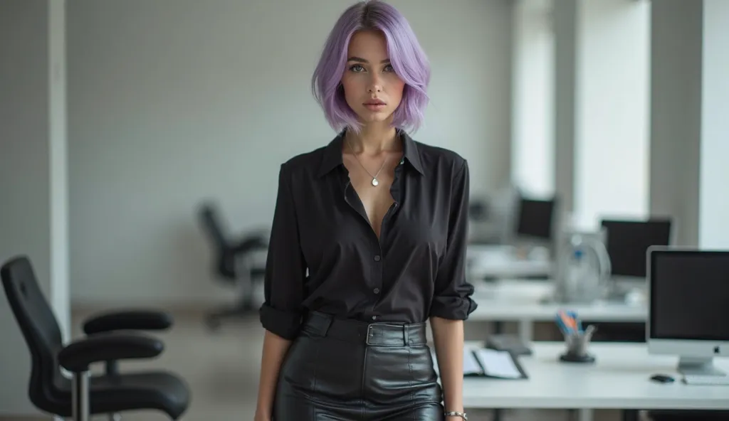 A European girl with a bold face, short light purple hair, wearing a tight black blouse and leather skirt, sensual figure, full bust, minimalist office setting.
This is a hyper-realistic photography piece