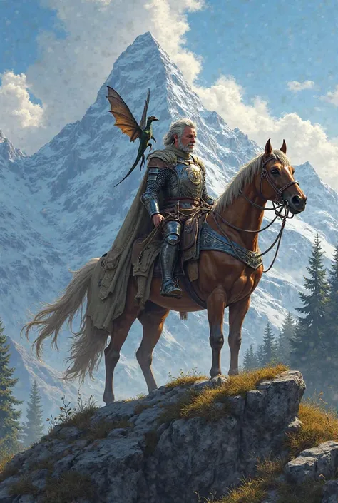 Create text cover with this theme Sir Cedric's Journey: The Brave Horseman and a small dragon on top of a mountain 

