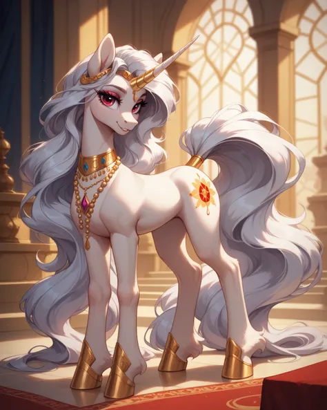 Pony a beautiful red unicorn mare with a long, flowing mane and tail. Her silver horn is extremely long and thin. She may have a slim Arabian build, but her wavy mane and feathered feet say otherwise. Gold beads adorn her face, mane, and tail.