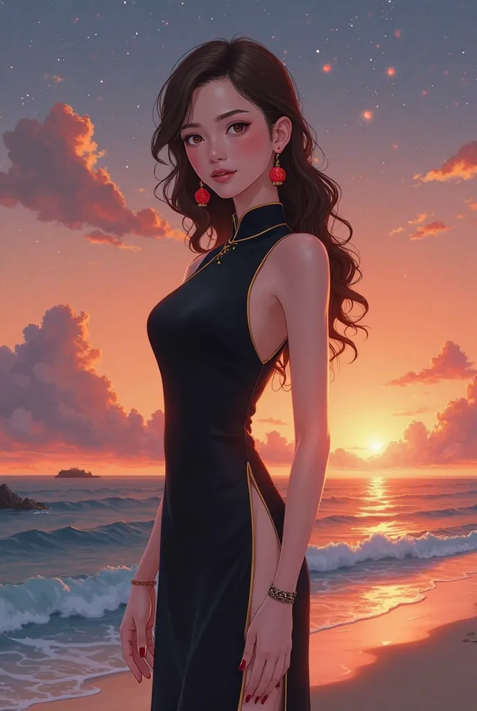 A digital illustration shoot from a portrait camera angle about a young woman in a black cheongsam dress standing on a serene beach during sunset. the image also shows a beautiful sunset over the ocean with clouds in the background. on the middle of the im...