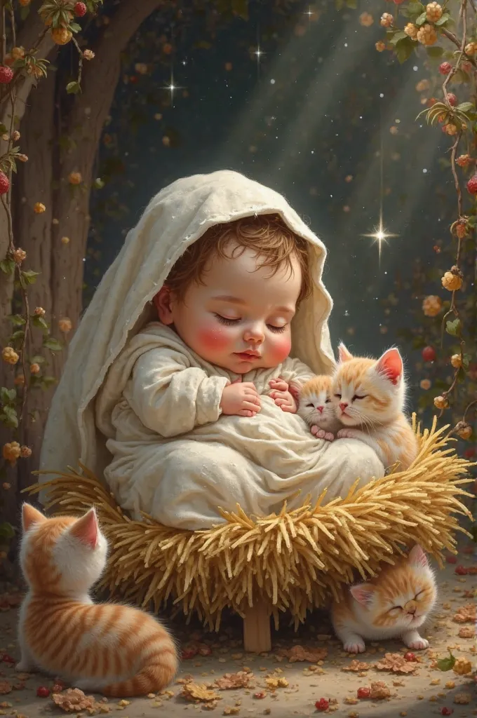 A big Christmas baby and three kittens sleeping, one in the manger, one next to the animals and one under the birth, are very funny. 