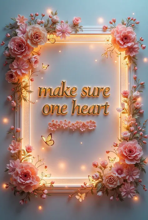  3D clear glowing frame with flowers and butterflies on the edge of the frame.   In the center of the frame there is the name   "Make sure one heart"  using the golden letter  .