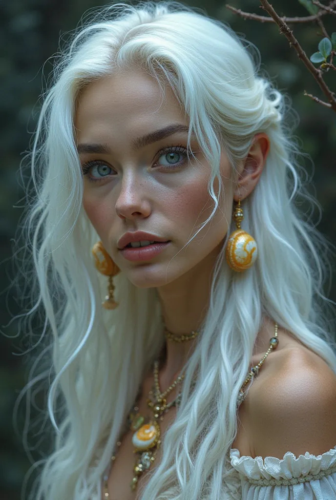 Ultra realistic 8k very real white-haired gypsy beauty, Golden shell accessories heard the call of the Moon