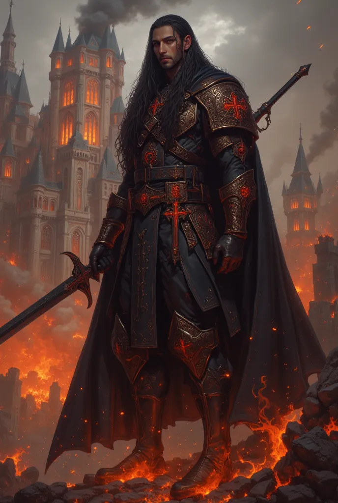 man with long black hair, dark skin, Red eyes,dhampir,  black armor, torn black cloak, holding a great sword, illrigger, rpg, dark fantasy, castle on fire