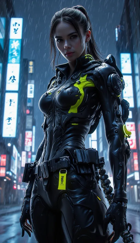 "A beautiful female police officer standing in the rain, wearing a futuristic uniform with neon accents, set against a rainy Tokyo-like cityscape, ultra-detailed and hyper-realistic, 8K ultra HD."