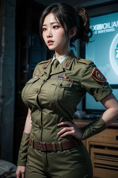 Asian woman short hair topples boobs big hair ponytail uniform military war world Z game xbox zombies realista