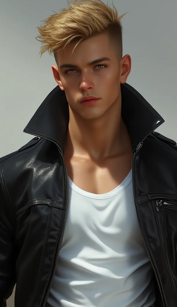 Blonde hair, Silver eyes, black leather jacket, White tee shirt underneath, fair skin tone, Male, muscular, 