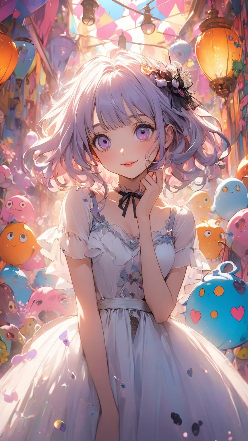 anime style、 Tim Burton Style、 girls on the left、anime character、Anime Beautiful Girl、cute gesture、background that matches the subject、Beautiful colors、modern、romantic comedy heroine、