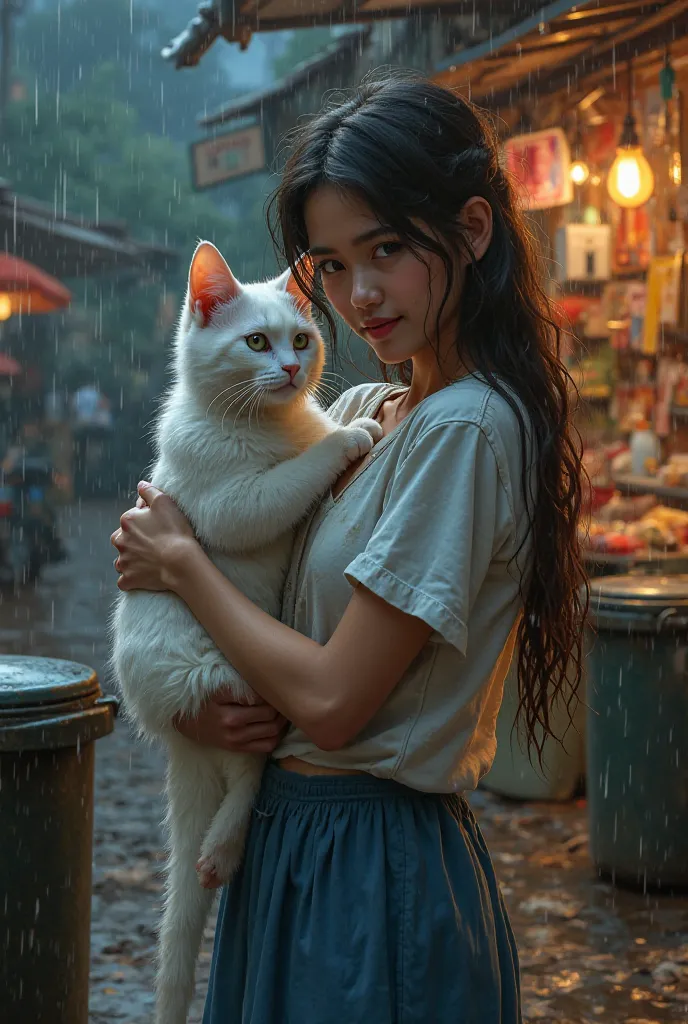 Character, poor white cat wearing white dirty t shirt wet by the rain, near a garbage can in a market, 
Character, a woman in blue dress. 
detailed painting, realistic, photorealistic, 8k, hyperdetailed, highly detailed, intricate details, dramatic lightin...