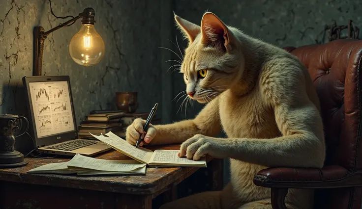 A dimly lit, cramped apartment with cracked walls and a single flickering lightbulb. Felix, the humanoid cat, sits hunched over a small, cluttered wooden desk, reading books on engineering, finance, and business. His muscular frame barely fits in the tiny ...