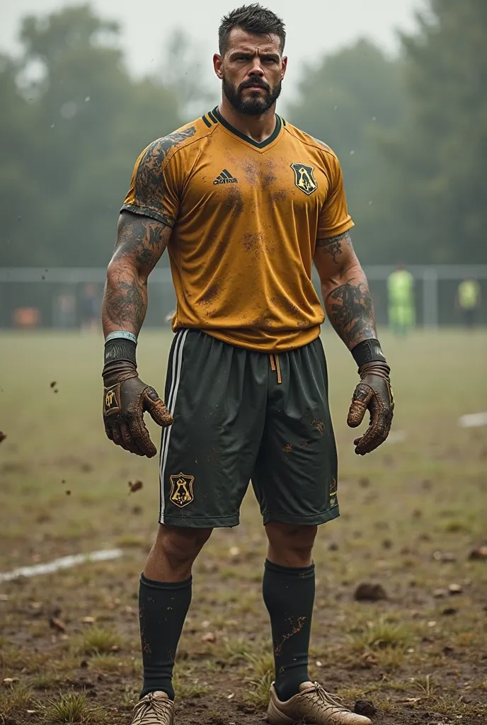 Soccer goalkeeper with a tattoo of a coyote on his left arm looking dirty 