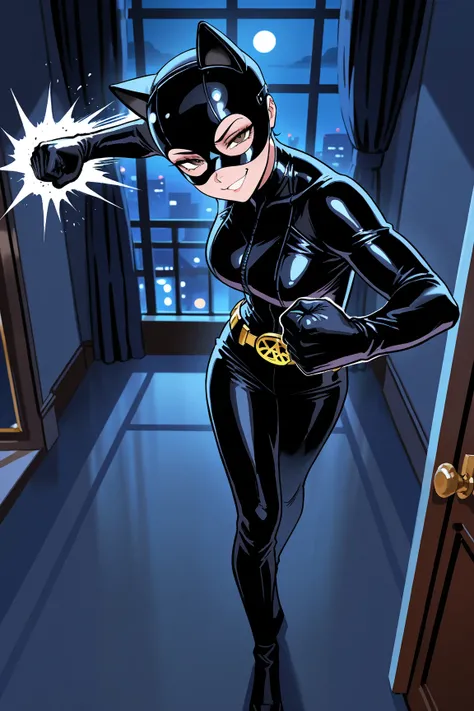 Detailed image, high quality, female supermodel, smug face, excellent shapes, wearing in Catwoman suit from Hush, fullhead Catwoman mask from Hush, calmly standing absolutely alone in luxury room, night, looking at viewer, punching, clenched hand, 