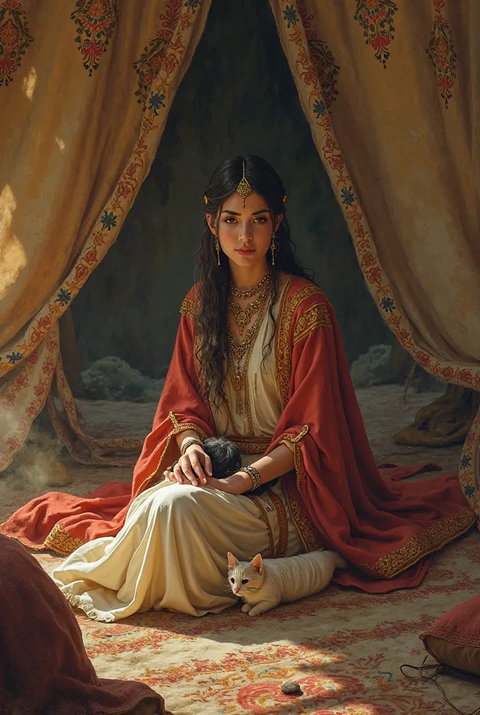 a parthian woman in a tent with her ren