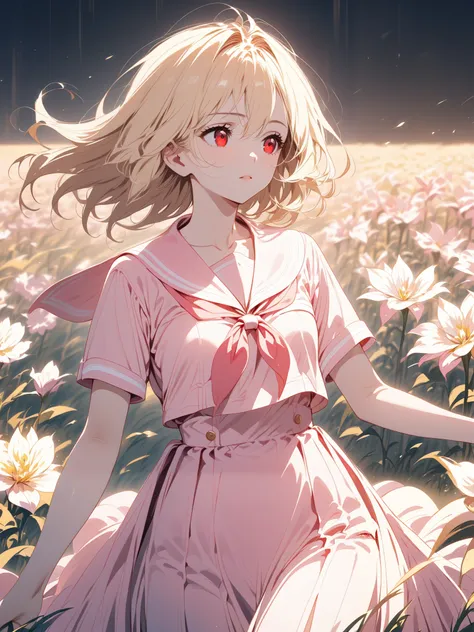 pink sailor summer suit, blonde medium hair, Red Eyed Girl, Alone, Flowers are dancing in the background,  alert ,  knee shot, corruption,  Shade, 