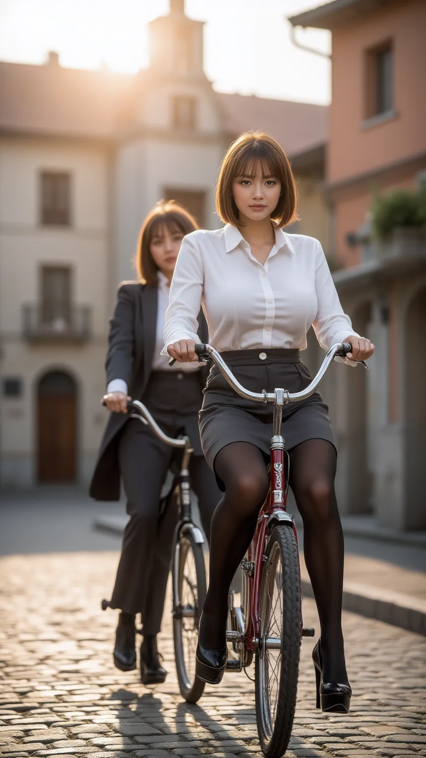 8K, RAW photos , super A high resolution, top quality , masterpiece:1.2), (realistic illustration ), (highly detailed CG Unity 8K wallpaper), ((A picture showing the whole bicycle)), ((full body image :1.5)), ((full body:1.5)), ((2 women are riding with th...