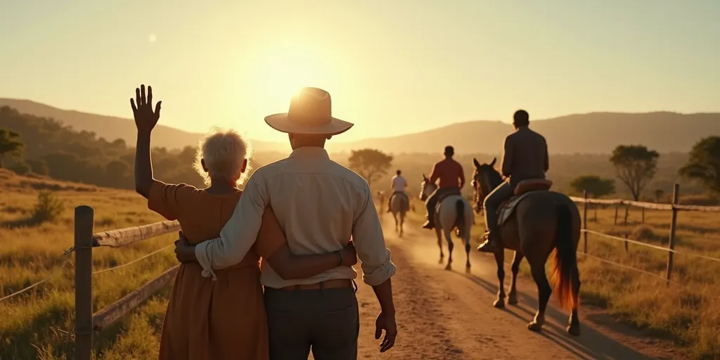 In a wide shot, set in the Brazilian countryside, an elderly Black couple stands in the foreground, embraced with their backs to the viewer, waving as they watch three men riding away on horseback. The three riders—two white men and one Black man—are seen ...