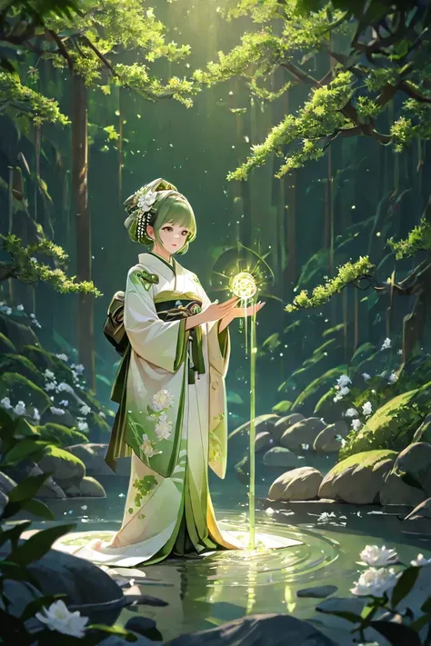 Green-haired woman wearing lots of white jasmine flowers　 illustrations　 Green Base 　 kimono