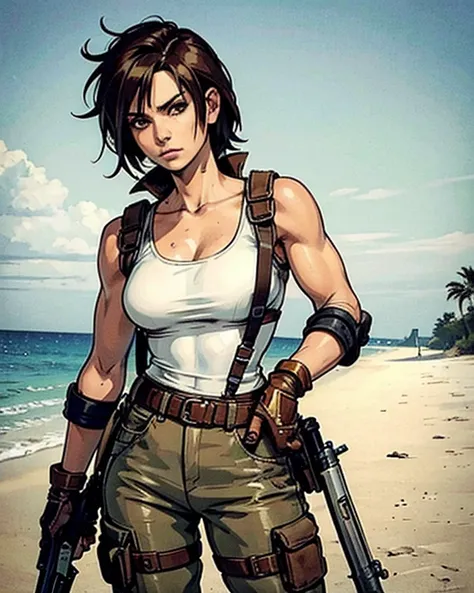 a military woman, well trained body, white sleeveless t-shirt, Exposed collarbone, beige leather shelter, blue pants, two leather belts with gun pockets, dark brown hair, carving, Brown eyes, hazel left eye, left eye with a scar, beach shore, at daytime, g...